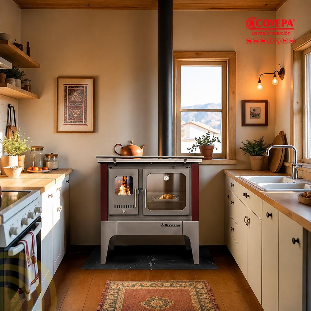 Cocina a Leña Combustión Lenta Alcazar S900 Burdeo – 91x59 cm, 13 kW