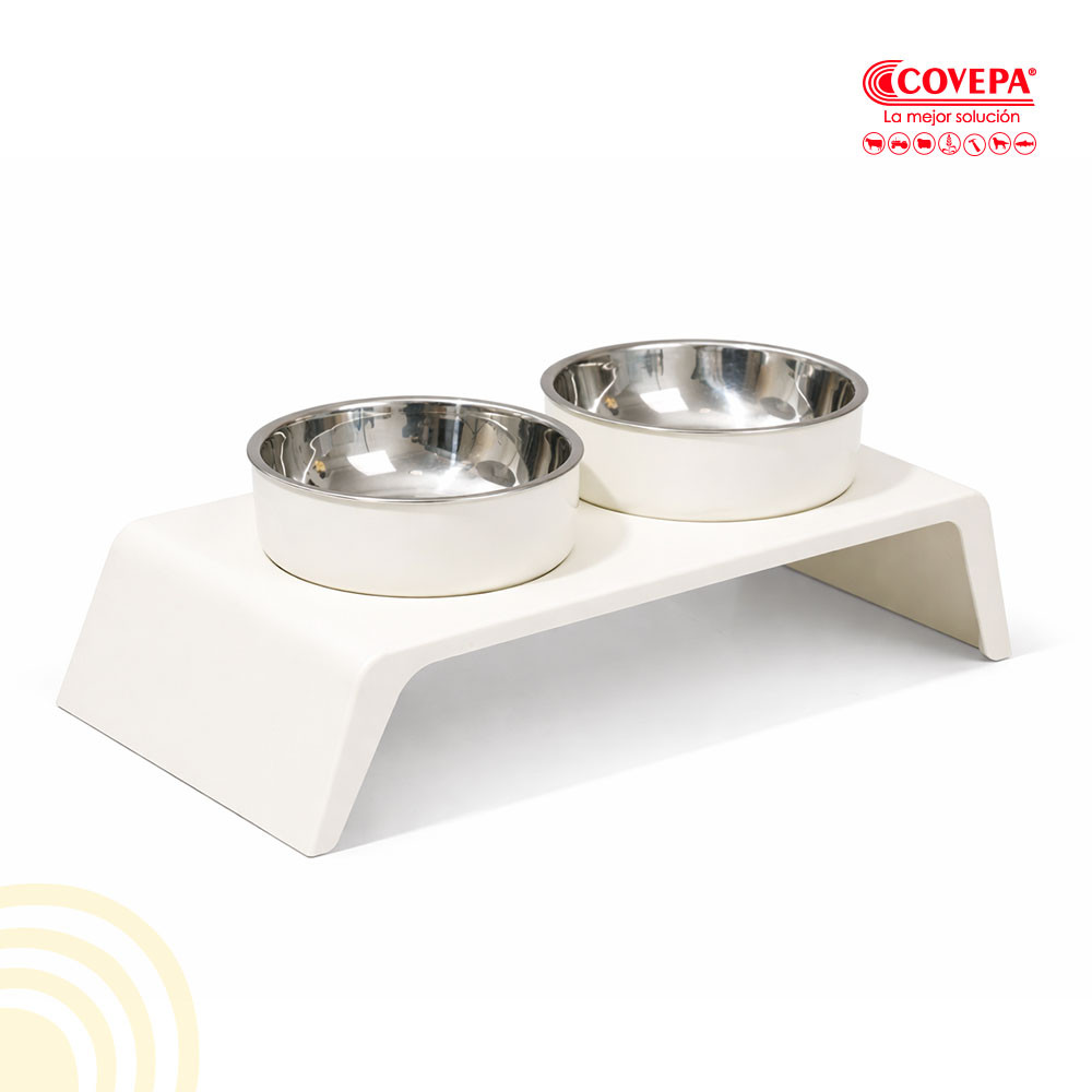 Comedero Doble Elevado para Mascota Acero Inoxidable Blanco 38x18cm