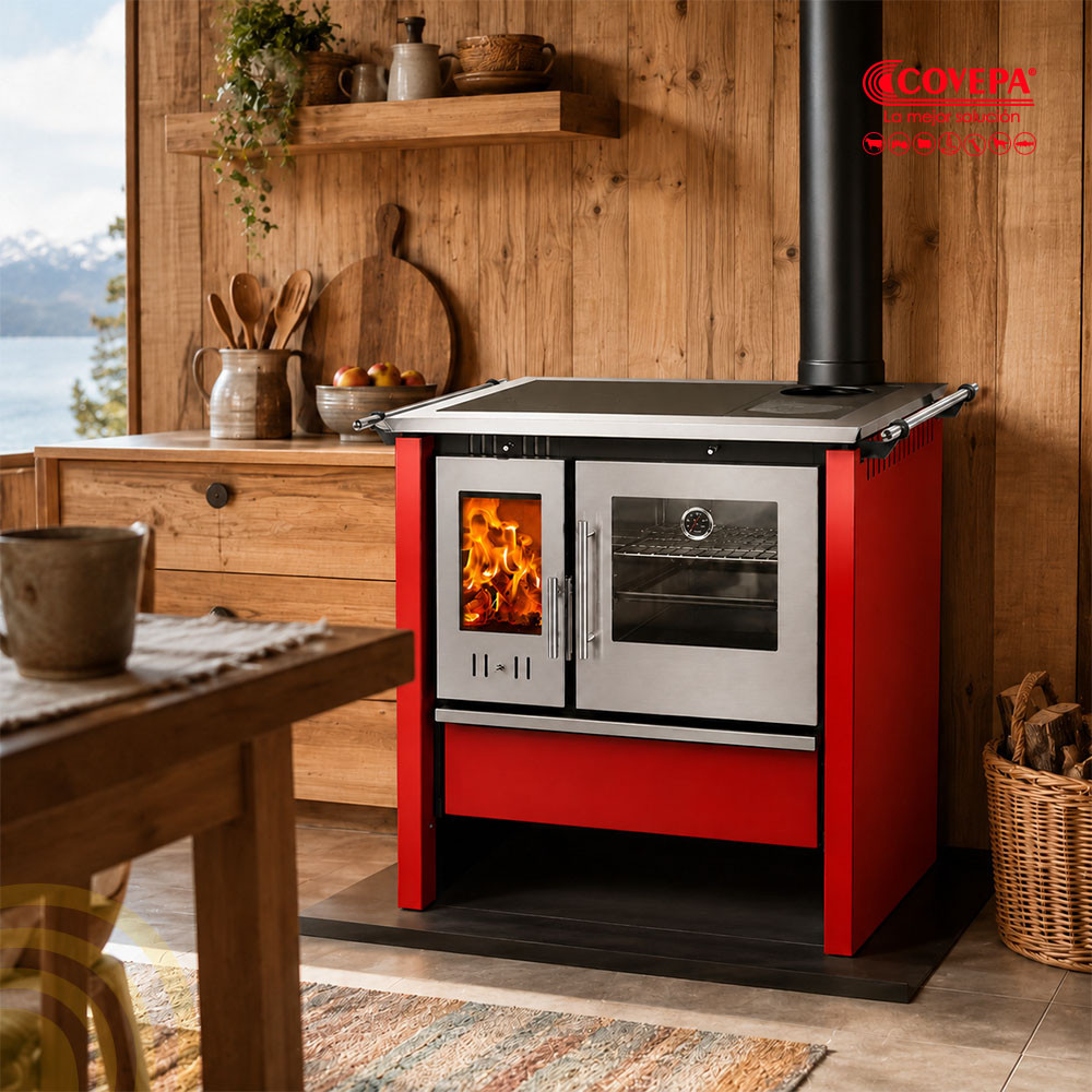 Cocina Leña Combustión Lenta Amesti Allegra Roja 9kW 161m²